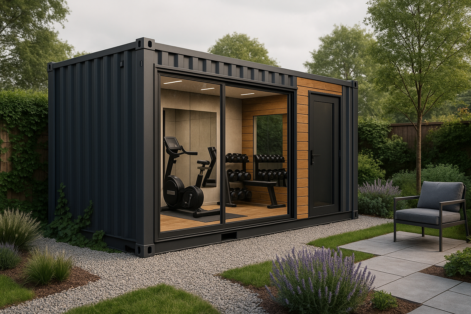 20ft Charcoal Grey Gym Container with Exercise Bike and Dumbbells.