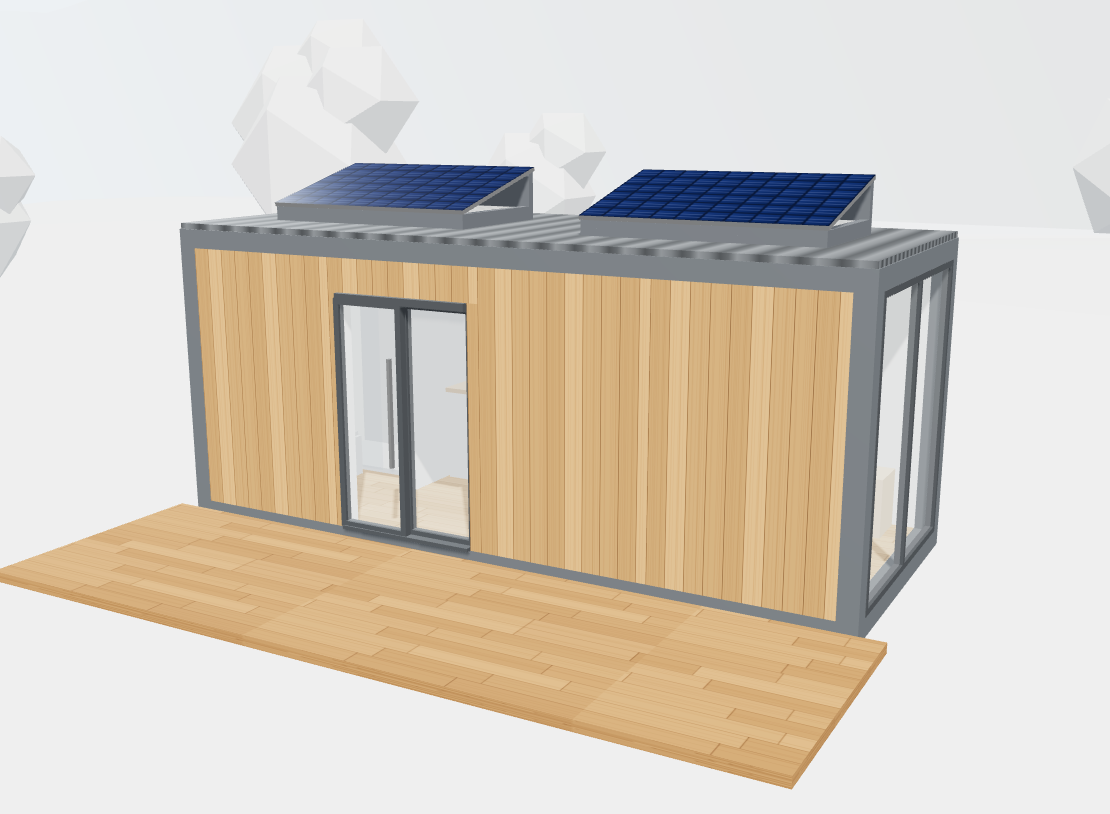 AdaptABox 3D designer render of a 20ft timber-clad holiday let container with decking and solar panels